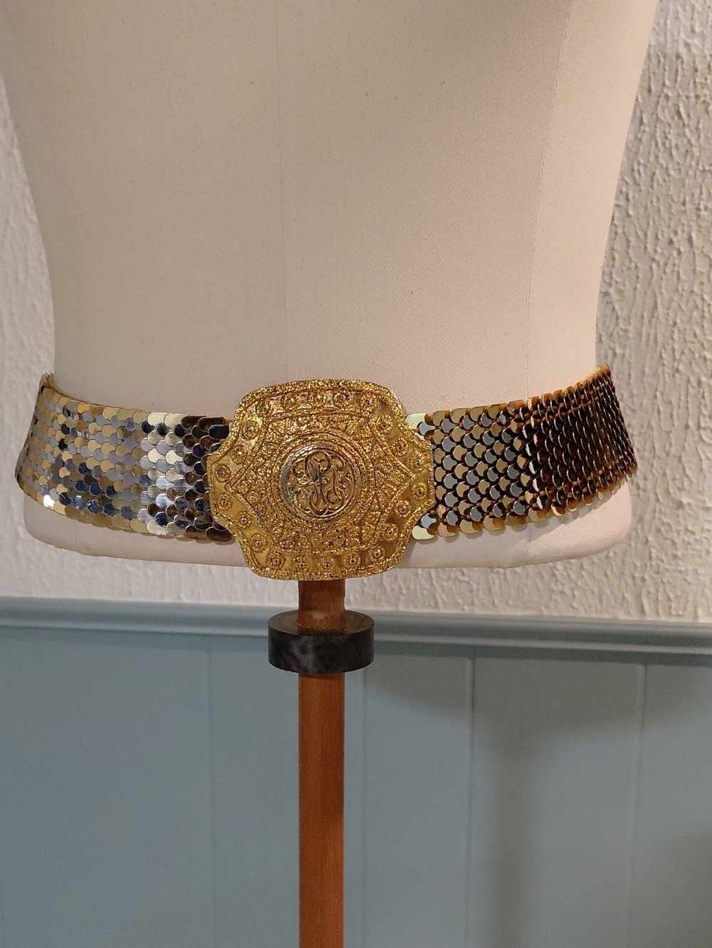 Gold and Silver Sequin Belt with Ornate Gold Buckle